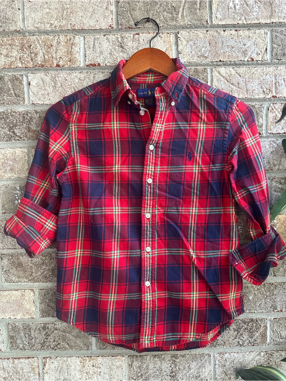 Ralph Lauren Boys Red/Navy Plaid Button-Down Flannel Shirt